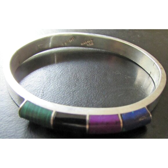 Taxco Sterling Silver Onyx Bracelet Bangle Surgilite Malachite Hinged 6.75 " - Picture 2 of 5